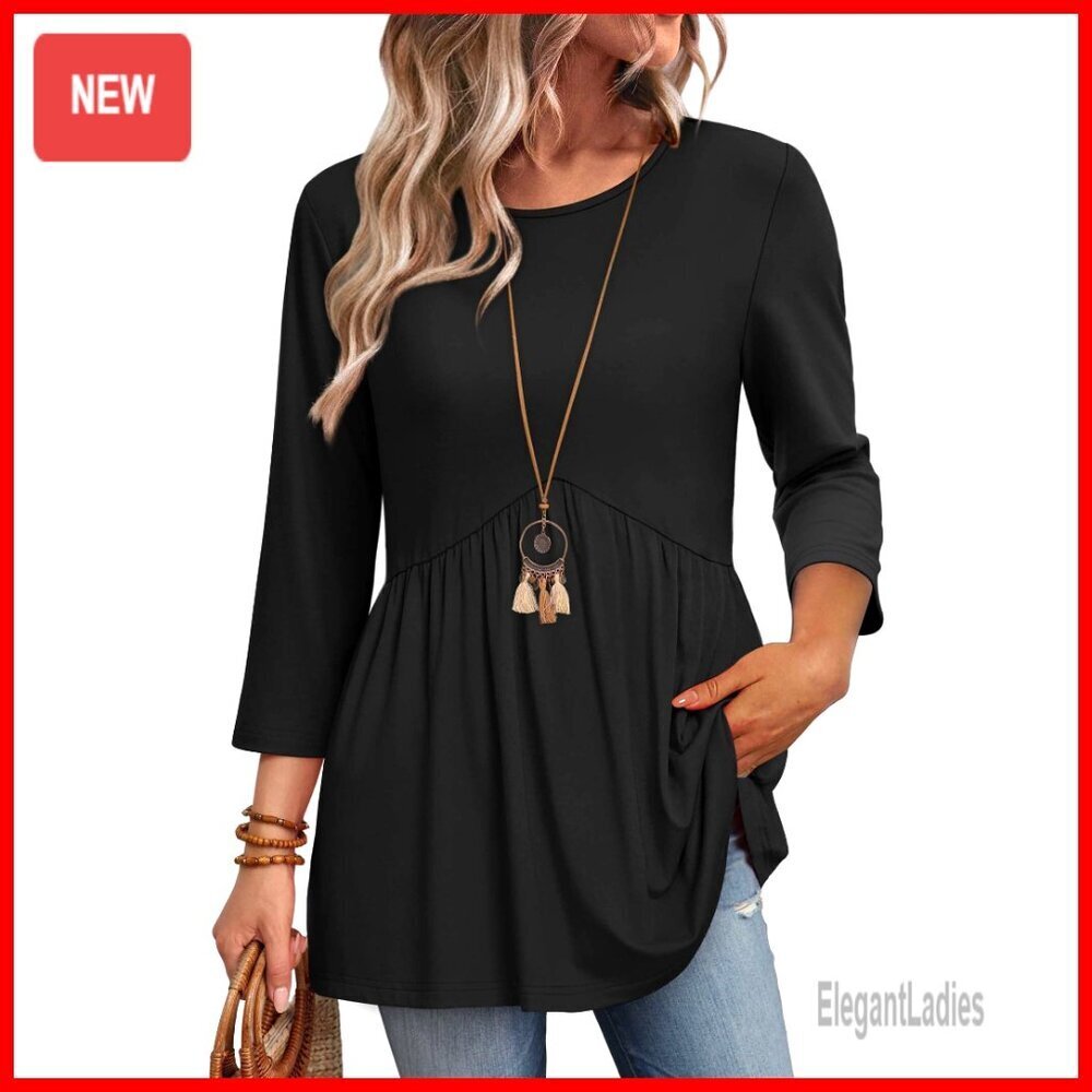 3/4 Sleeve Babydoll Tunic Blouse Loose Fit Crew Neck Flowy Top